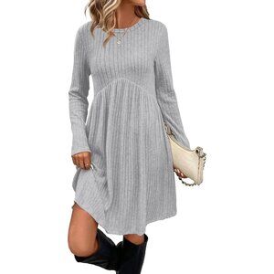 Ofeefan Women Light Grey Crew Neck Long Sleeve Empire Waist Dress with Pockets